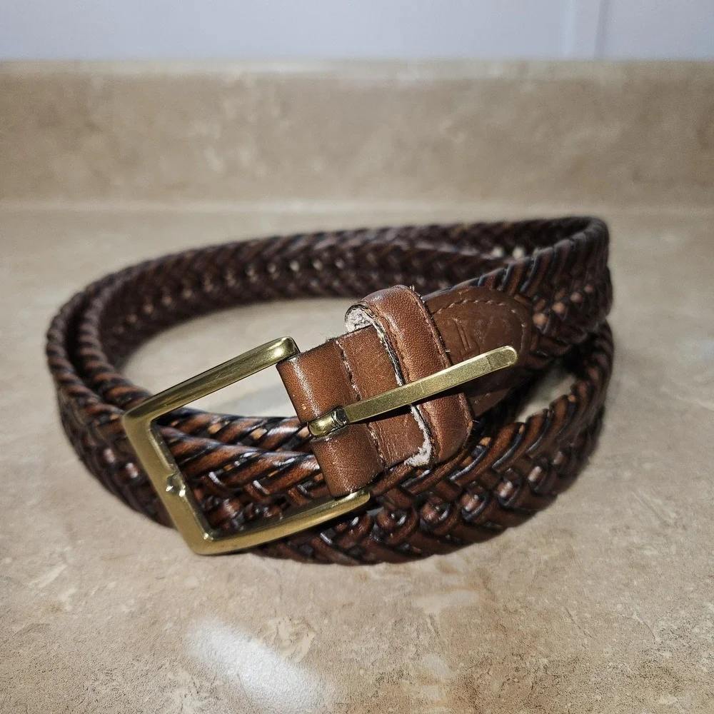 Dockers Bonded Braid Leather Strap‎ Belt Men 44/110 Brown Brass Tone Buckle